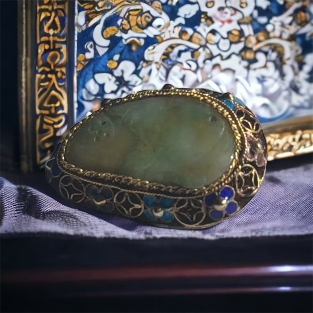 Antique Chinese Silver Filigree Jade Brooch
